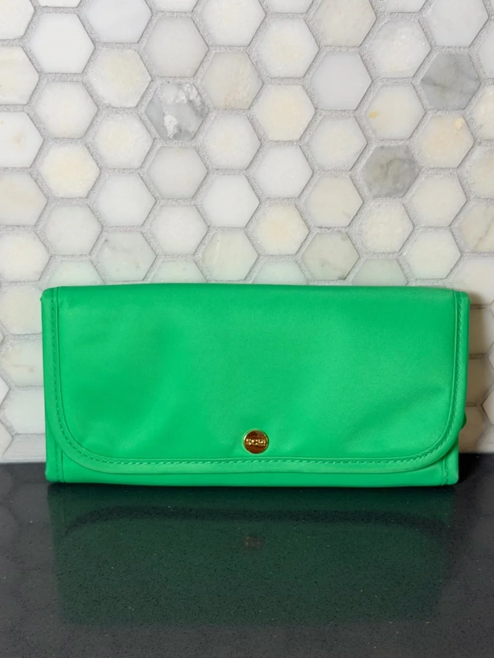 Stoney Clover‎ Lane Bright Neon Green Trifold Long Wallet EUC